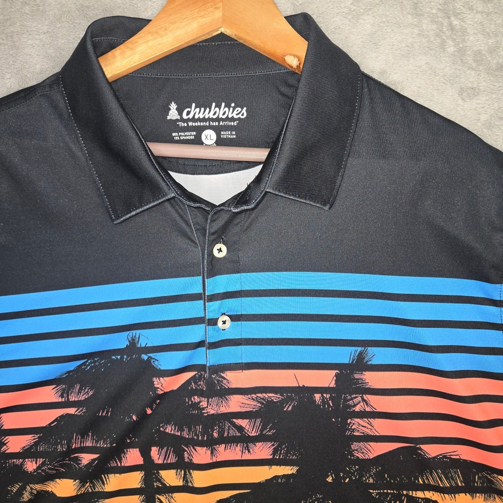 Chubbies Mens XL Performance Polo Shirt Black Tropical Palm Tree Sunset Striped